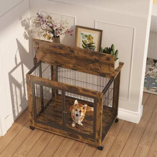 Furniture Style Dog Crate Side Table On Wheels With Double Doors And Lift Top. Rustic Brown, 31.50'' W X 22.05'' D X 25'' H. - Purrfect Pet Haven