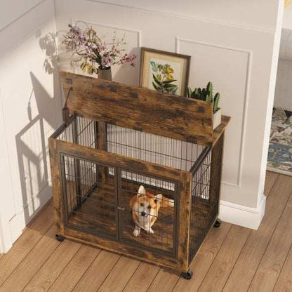 Furniture Style Dog Crate Side Table On Wheels With Double Doors And Lift Top. Rustic Brown, 31.50'' W X 22.05'' D X 25'' H. - Purrfect Pet Haven