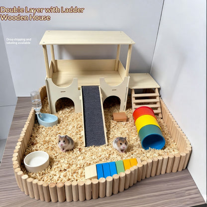 Solid Wood Multi-Functional Detachable Cage With A Double-Layer Hideaway House