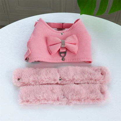Warm Fur Collar Soft Padded Small Girl Pet Harness and Leash Set with Bow Tie - Purrfect Pet Haven