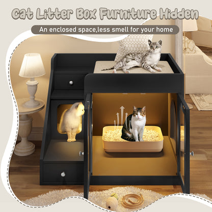 Cat Litter Box Enclosure - Light And Two Storage Drawers