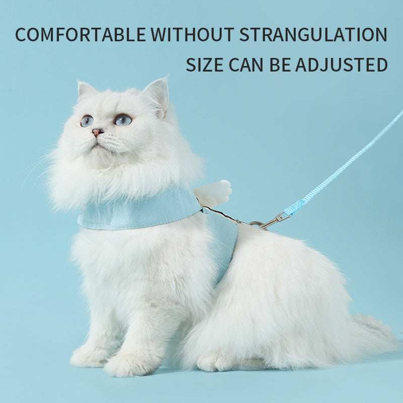 White fluffy cat wearing Wefulfil blue Cat Harness Leash Set with adjustable strap on light blue background
