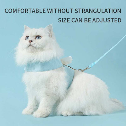 White fluffy cat wearing Wefulfil blue Cat Harness Leash Set with adjustable strap on light blue background