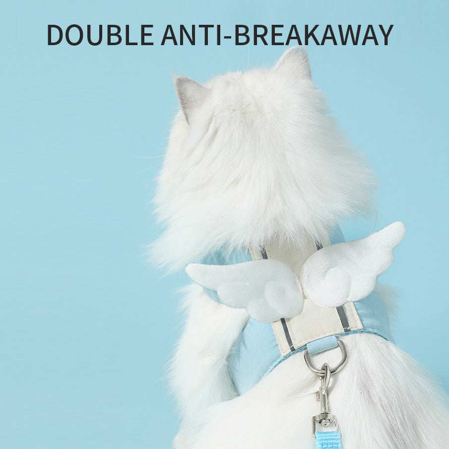 White cat wearing blue Cat Harness Leash Set with wing design and double anti-breakaway feature