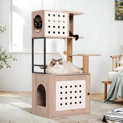 Cat Tree Litter Box Enclosure with Large Hammock - Purrfect Pet Haven