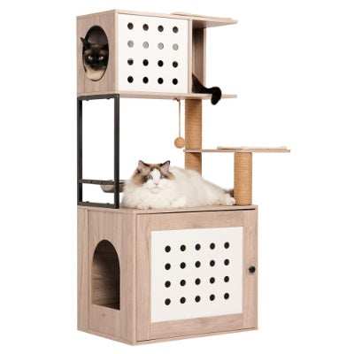 Cat Tree Litter Box Enclosure with Large Hammock - Purrfect Pet Haven