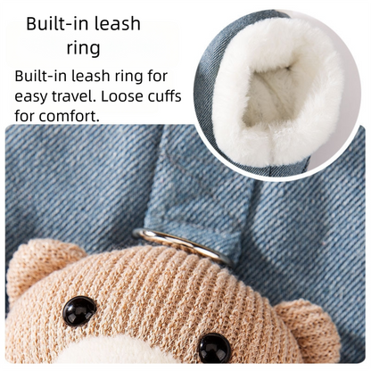 Teddy Bear Denim Vest - Dog Winter Coat with Plush Toy - Purrfect Pet Haven