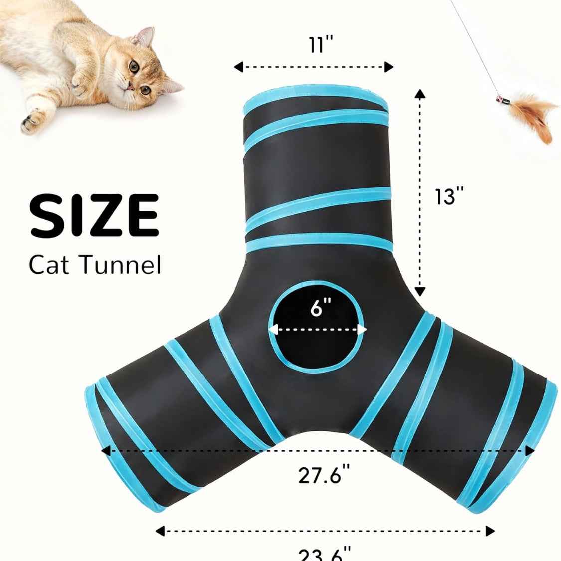 Pet Cat Tunnel Tube Toys 3 Way Collapsible, Tunnels For Indoor Cats, Interactive Tube With Teaser Wand, Peek Holes