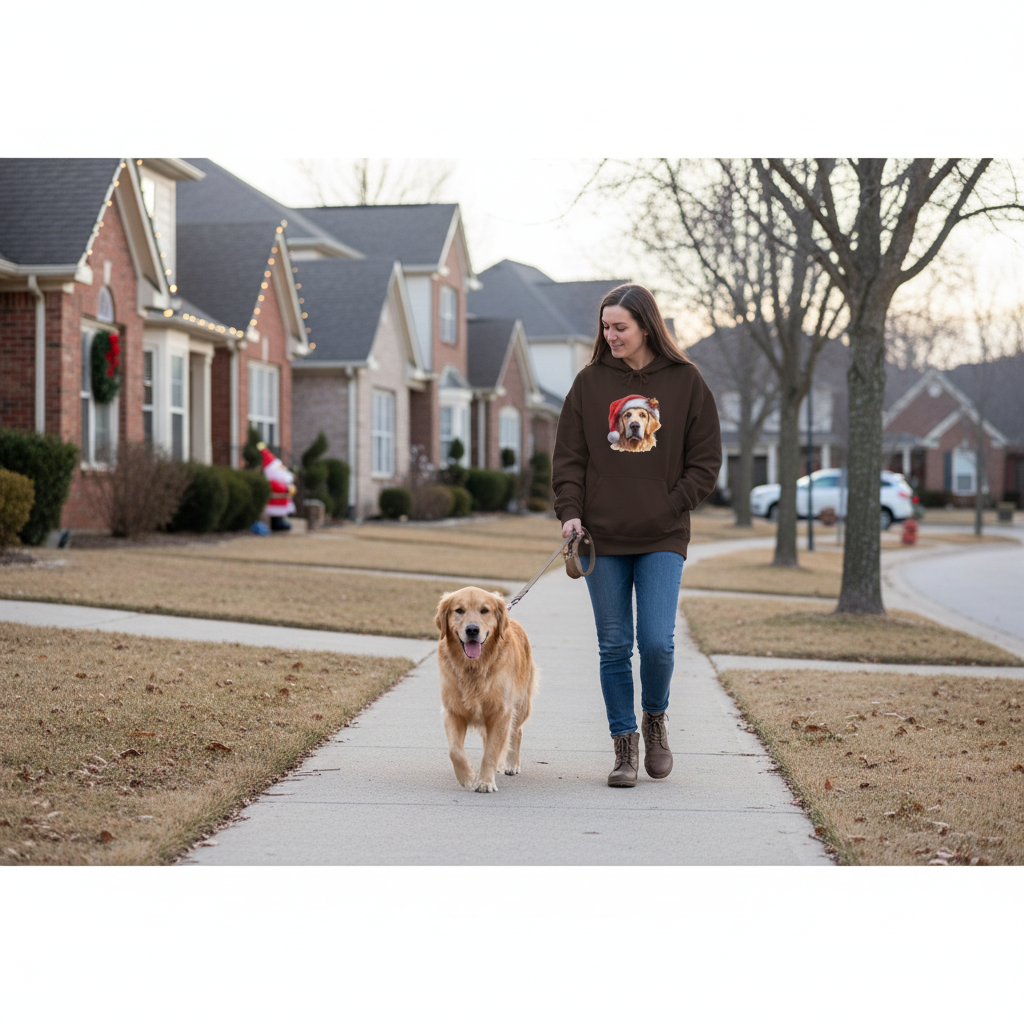 Christmas Golden Retriever dark chocolate hoodie realistic neighborhood walk