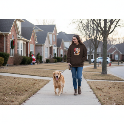 Christmas Golden Retriever dark chocolate hoodie realistic neighborhood walk