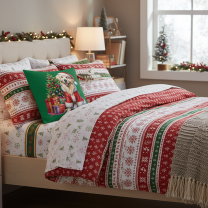 Christmas Golden Retriever pillow - side 2 on bed