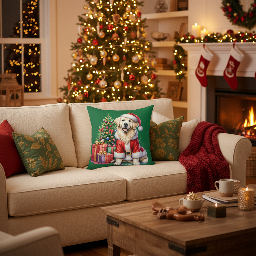 Christmas Golden Retriever pillow - side 2 on sofa