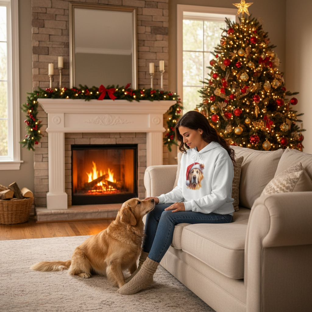 Christmas Golden Retriever white hoodie lifestyle scene