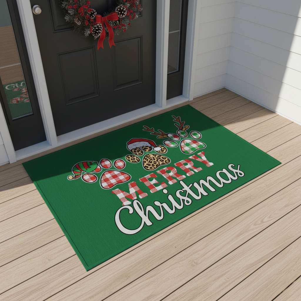 Christmas Paw Print Doormat Overhead View