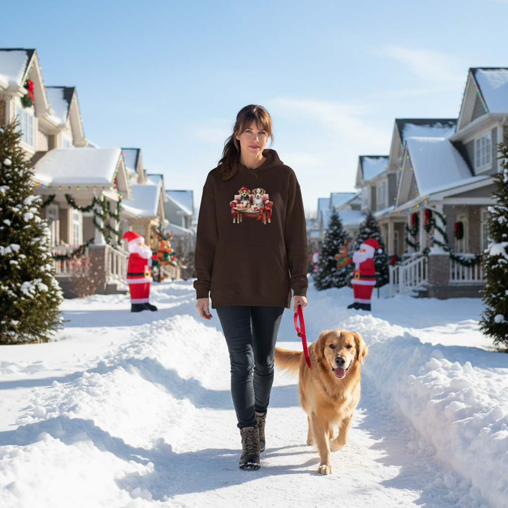 Christmas Puppies dark chocolate hoodie bright daytime outdoor