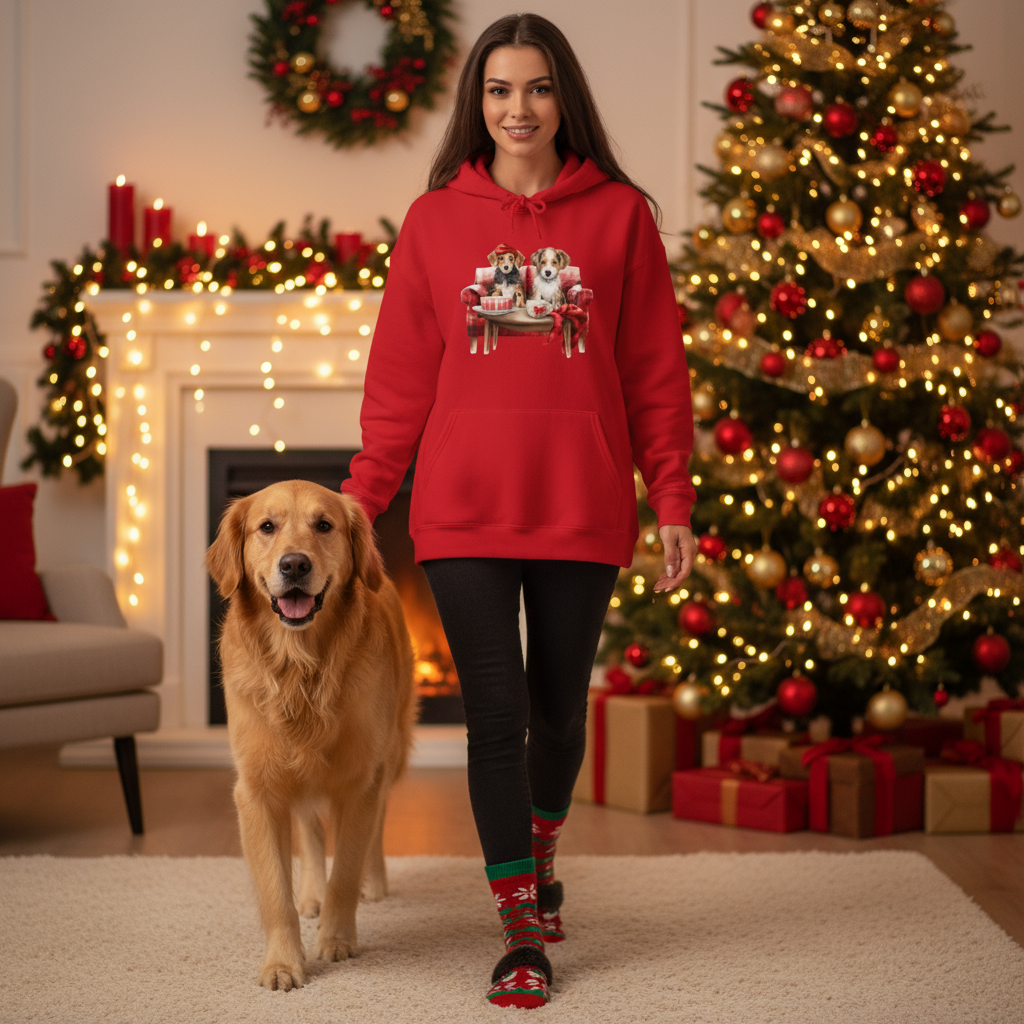 Christmas Puppies red hoodie front view walking