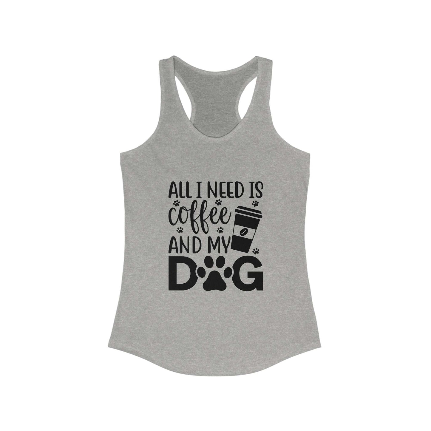 Printify Coffee Dog Lover's Racerback Tank in gray with coffee and dog print design