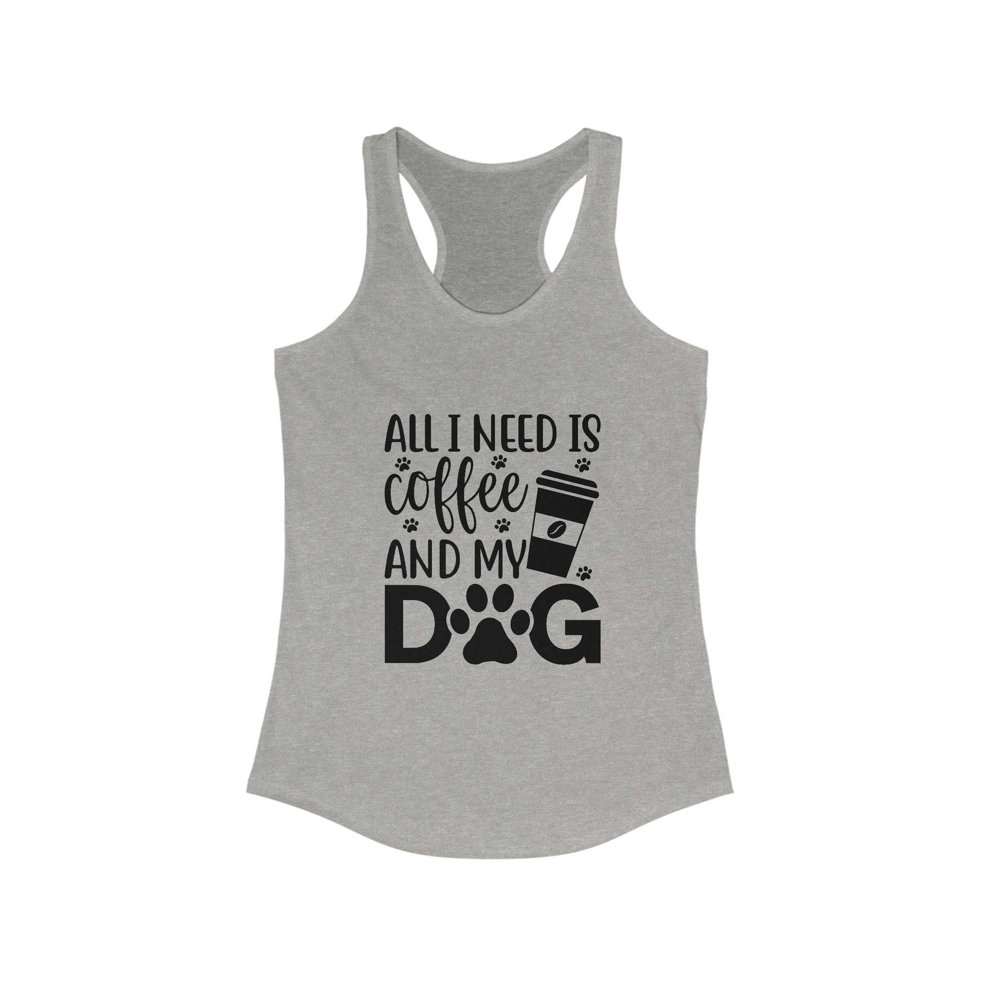 Printify Coffee Dog Lover's Racerback Tank in gray with coffee and dog print design