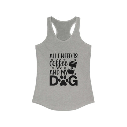 Printify Coffee Dog Lover's Racerback Tank in gray with coffee and dog print design