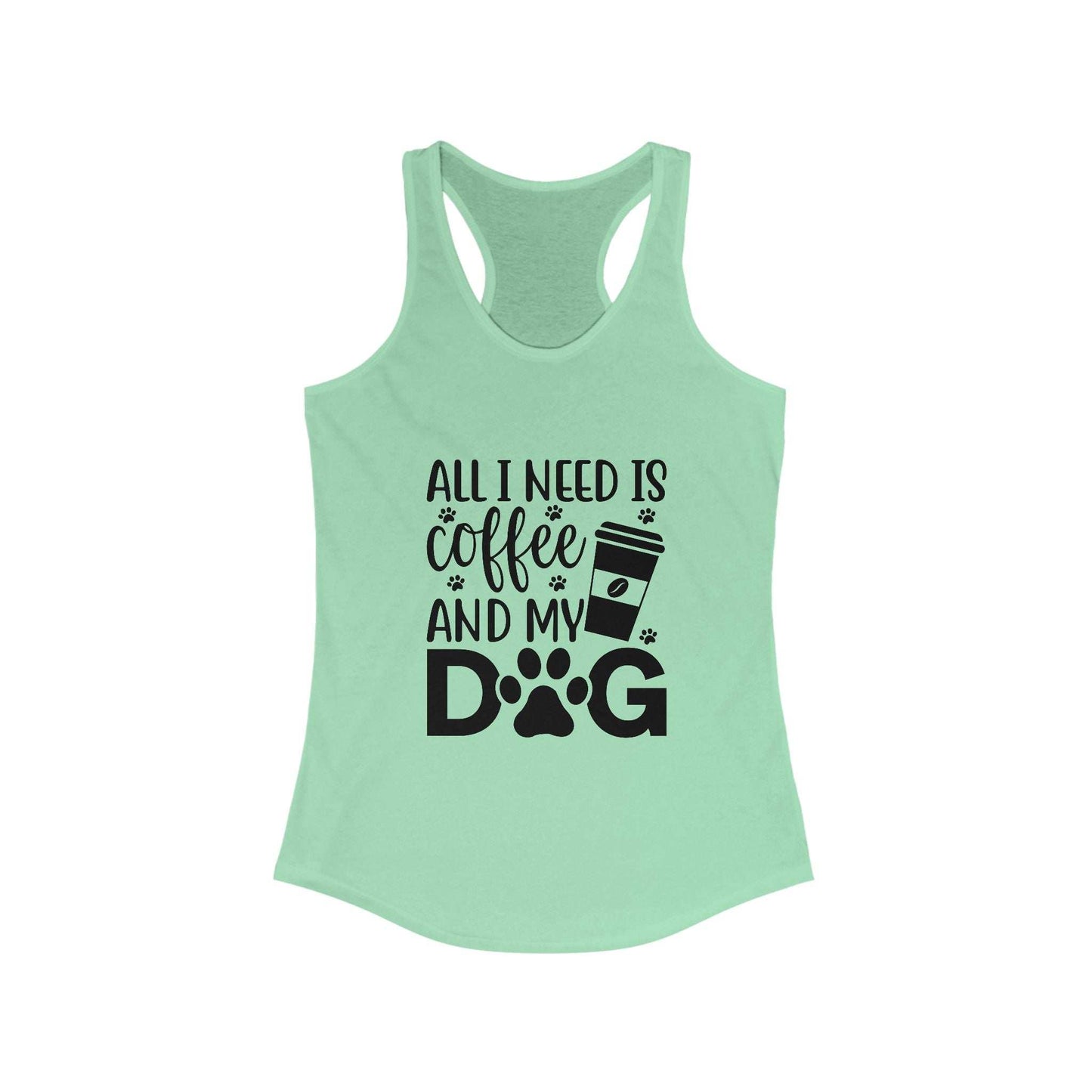 Mint green Coffee Dog Lover's Racerback Tank with a coffee cup and dog paw print graphic