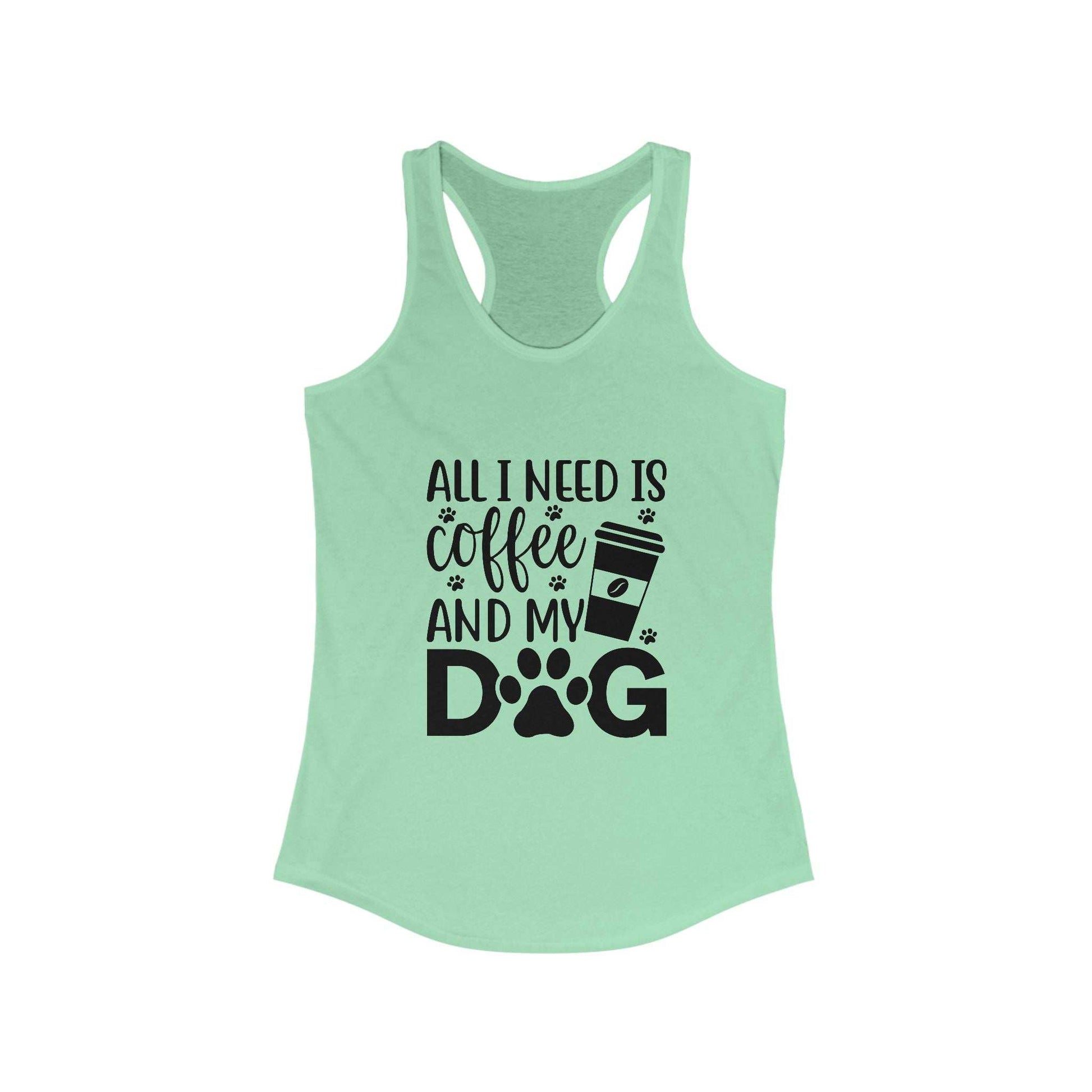 Mint green Coffee Dog Lover's Racerback Tank with a coffee cup and dog paw print graphic