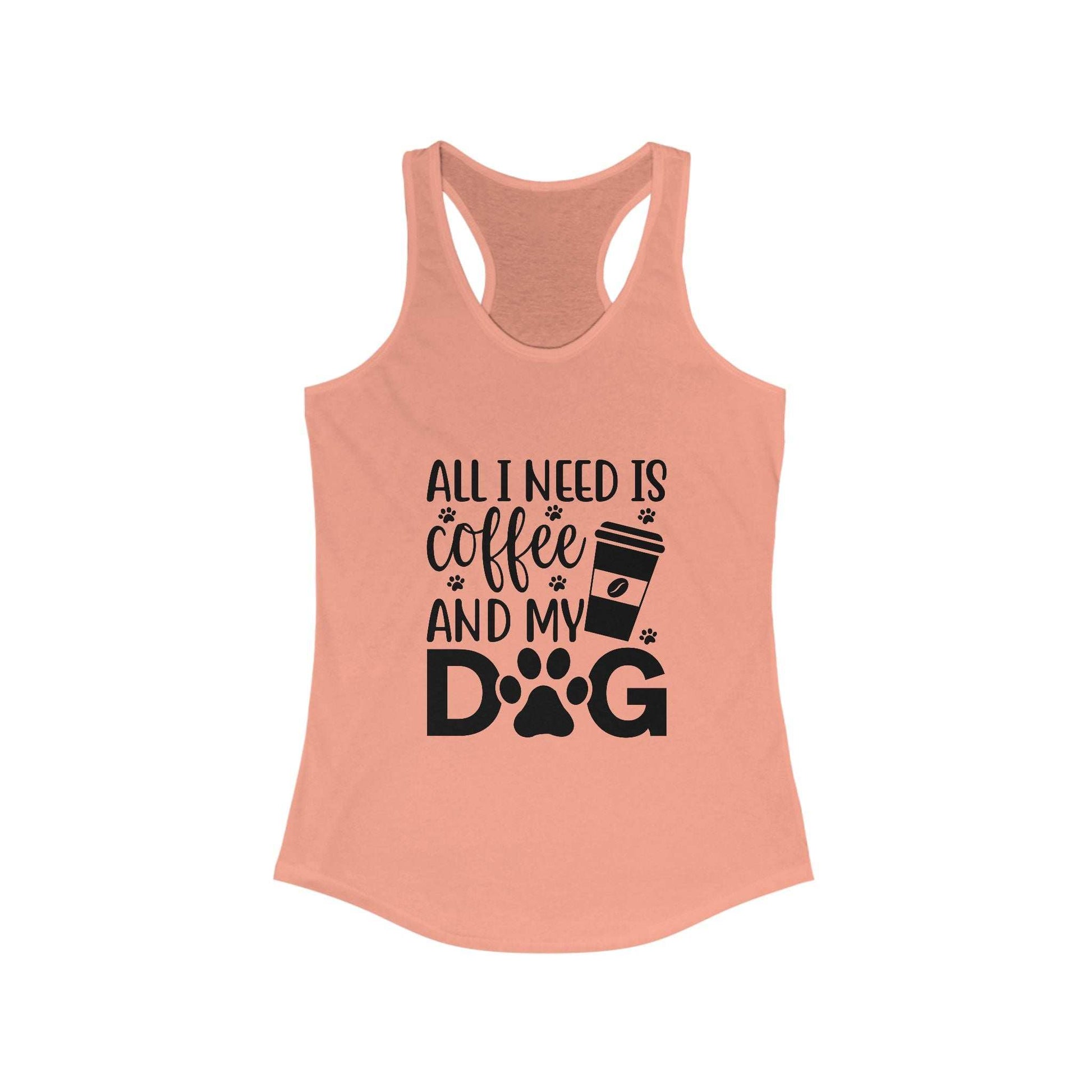 Printify Coffee Dog Lover's Racerback Tank in pink with coffee and dog graphic design