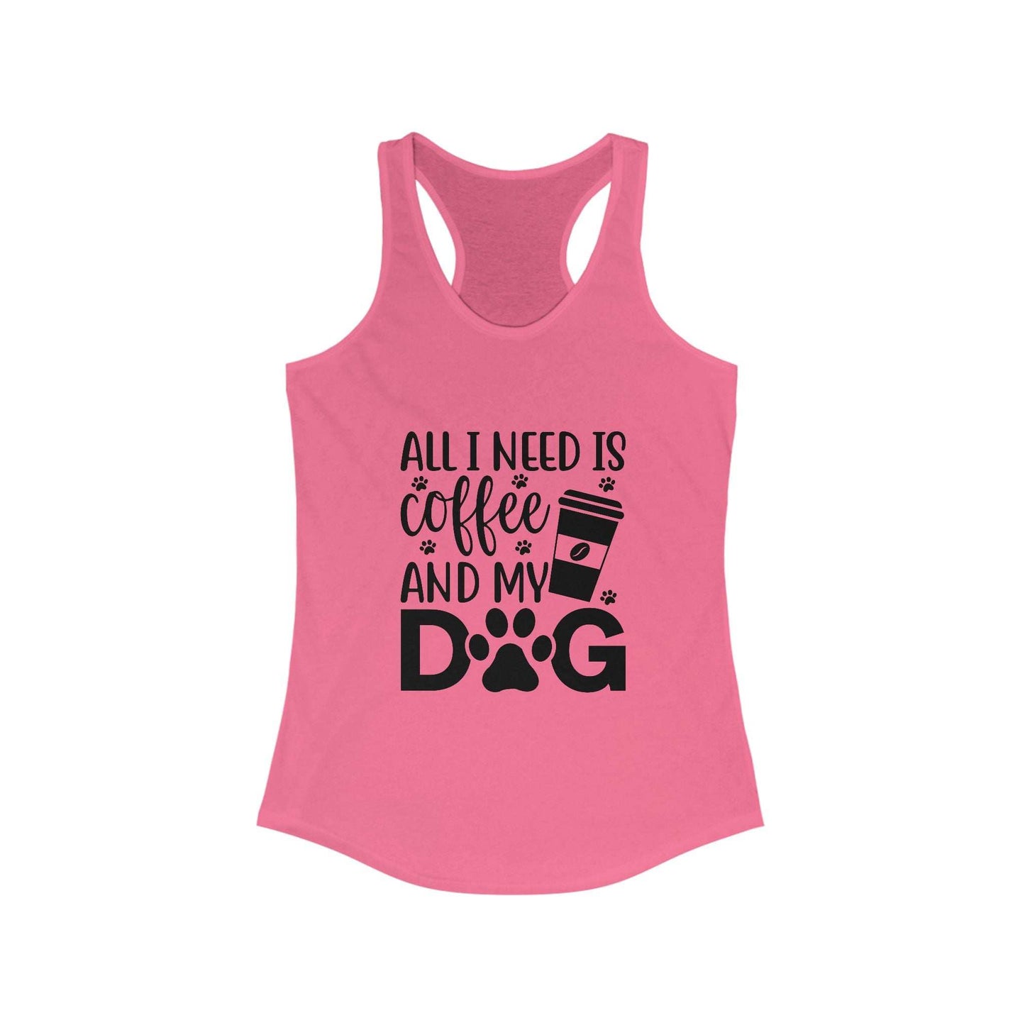Pink Coffee Dog Lover's Racerback Tank with black coffee and dog print design by Printify
