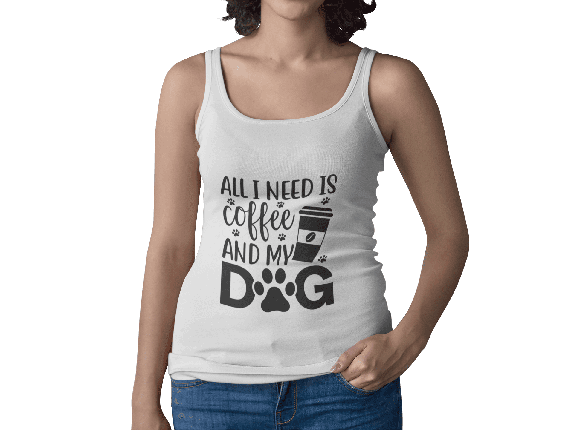 White Coffee Dog Lover's Racerback Tank with coffee and dog paw print design by Printify