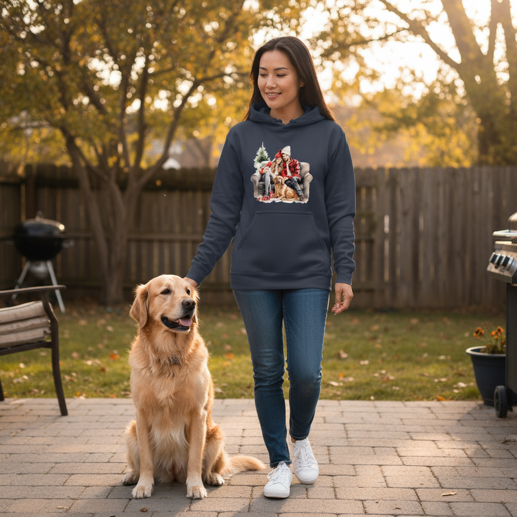 Cozy Couple & Golden Retriever Hoodie - Navy - Lifestyle Image