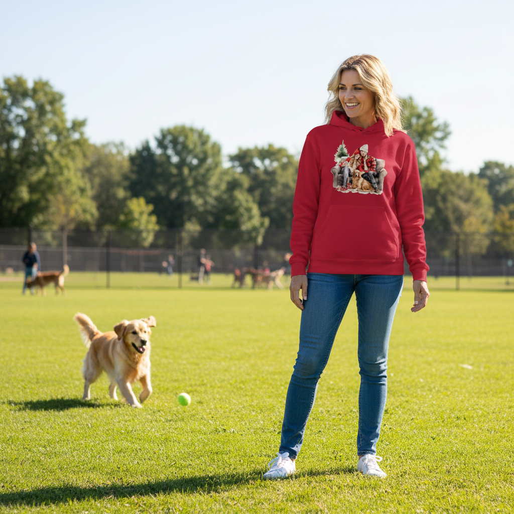 Cozy Couple & Golden Retriever Hoodie - Red - Lifestyle Image