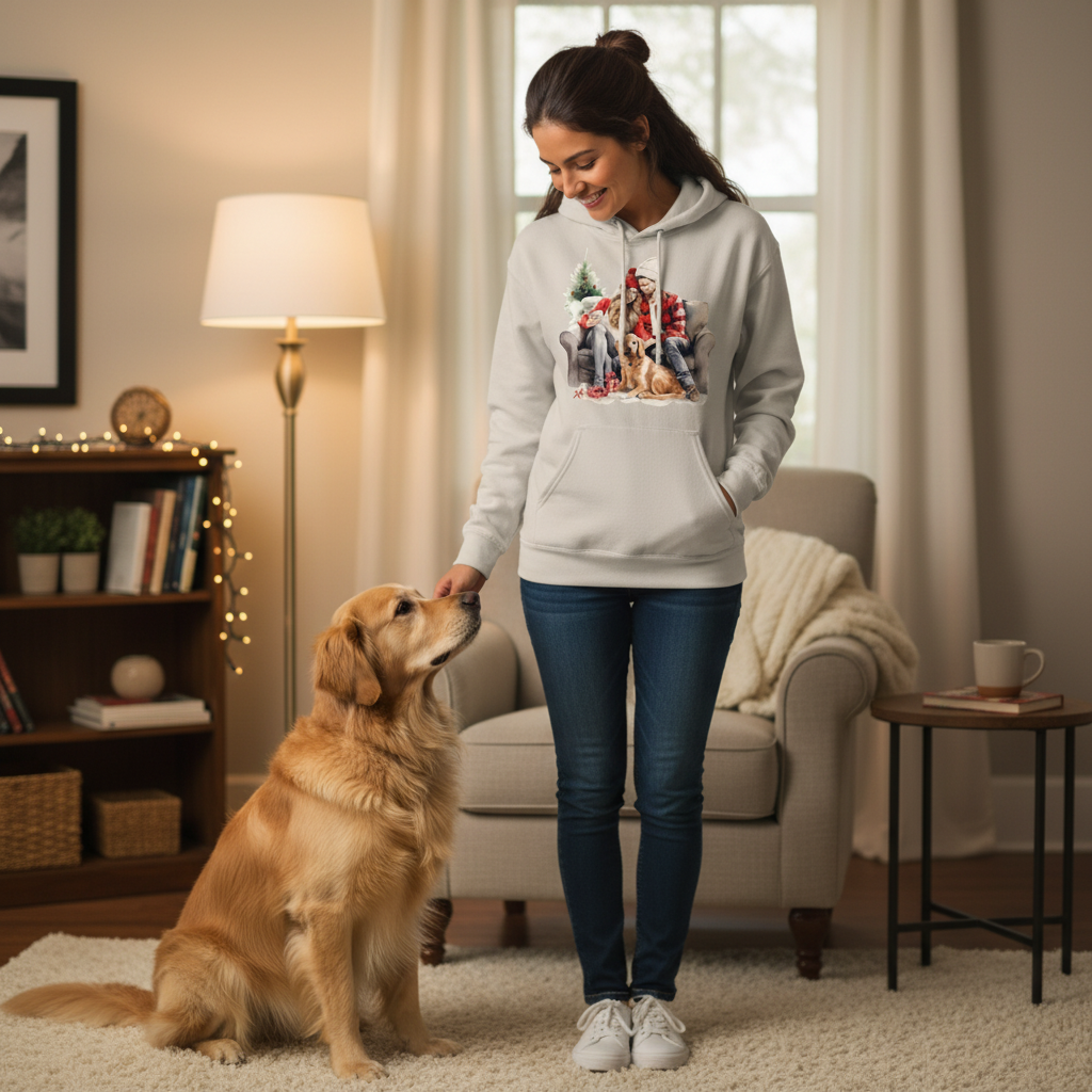 Cozy Couple & Golden Retriever Hoodie - Sand - Lifestyle Image
