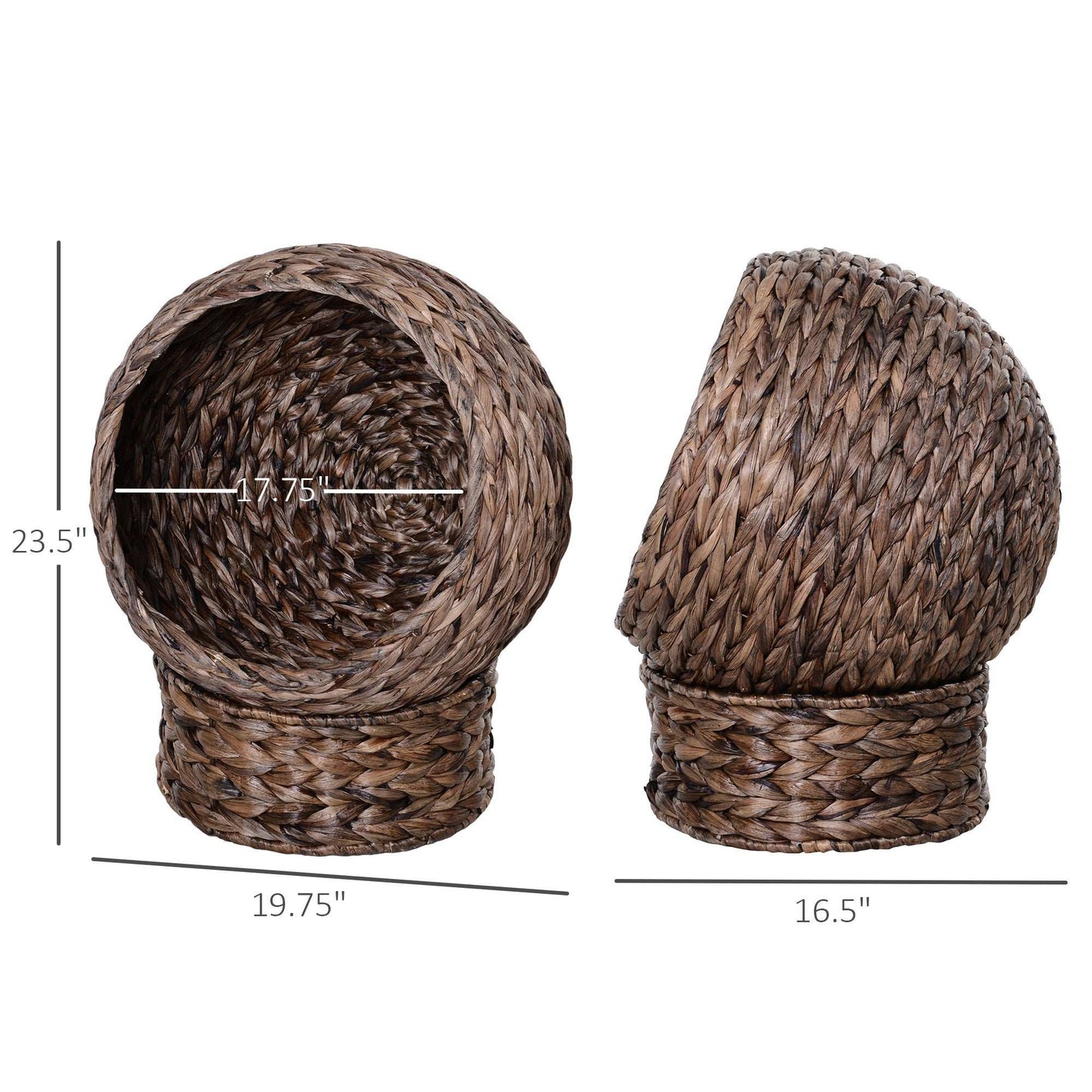 Wefulfil Cozy Wicker Pet Bed Dome in brown natural wicker material with measured dimensions