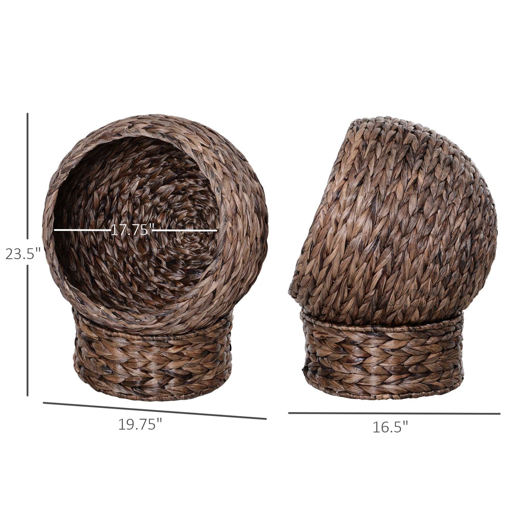 Wefulfil Cozy Wicker Pet Bed Dome in brown natural wicker material with measured dimensions