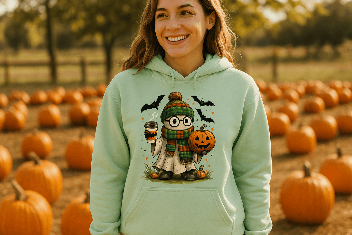 Cute Ghost Coffee Pumpkin Scene Hoodie - Fall Halloween Style - Purrfect Pet Haven