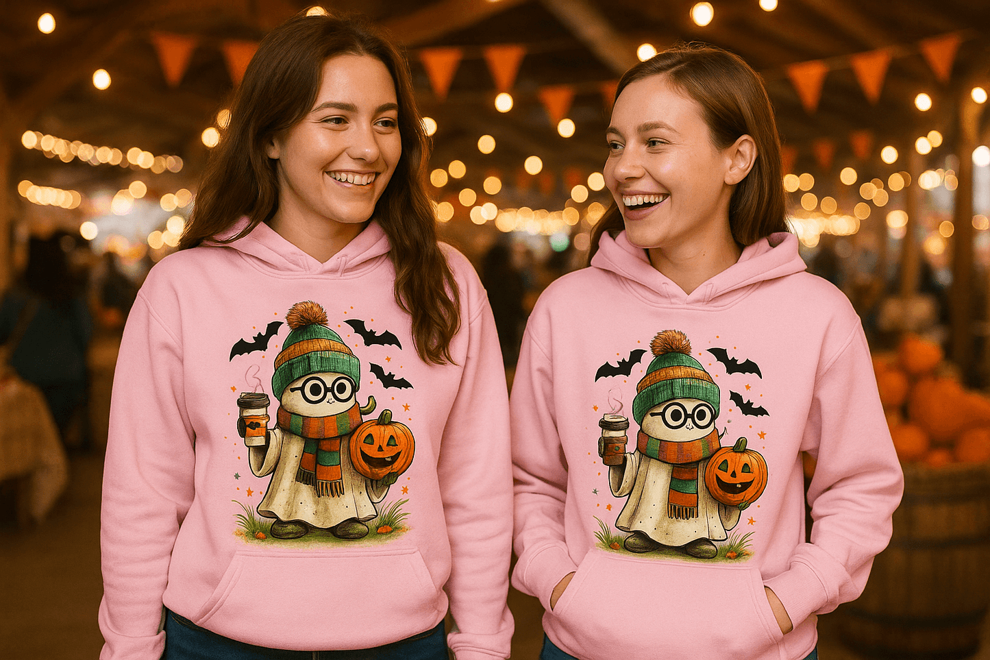 Cute Ghost Coffee Pumpkin Scene Hoodie - Fall Halloween Style - Purrfect Pet Haven