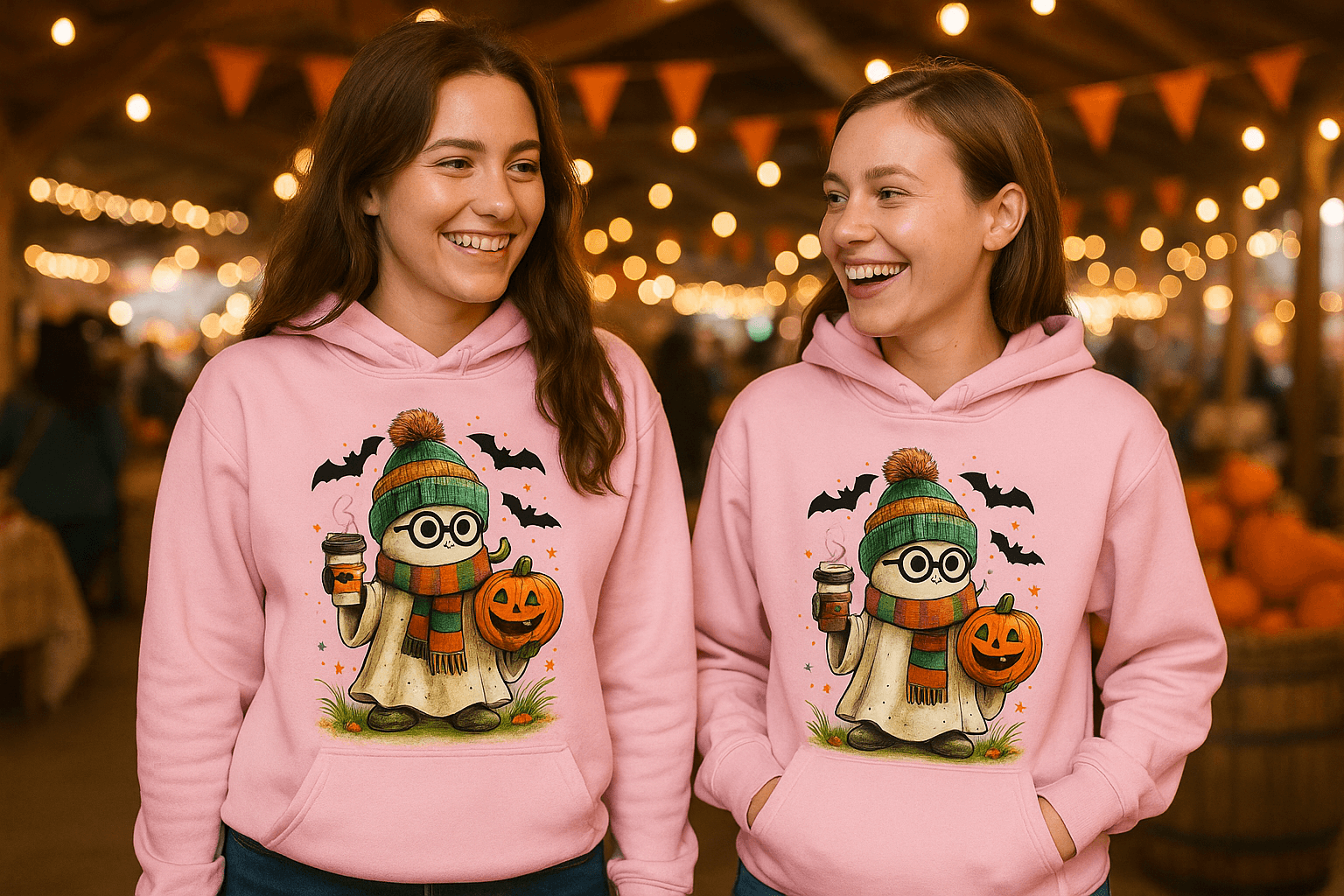 Cute Ghost Coffee Pumpkin Scene Hoodie - Fall Halloween Style - Purrfect Pet Haven