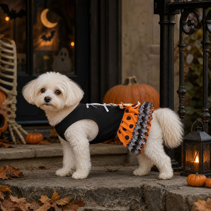 Halloween Dog Dress - Cute Orange & Black Polka Dot Tutu Skirt with Lace Bow, Puppy Party Costume for Small to Medium Dogs, Perfect Halloween Outfit for Bichon, Maltese, Teddy and More