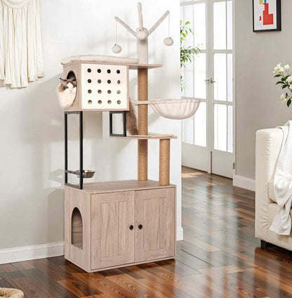 Cat Tree With Litter Box Enclosure - Modern 3-in-1 Cat Condo With Scratching Posts - Purrfect Pet Haven