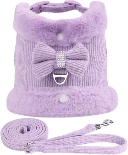 Warm Fur Collar Soft Padded Small Girl Pet Harness and Leash Set with Bow Tie - Purrfect Pet Haven
