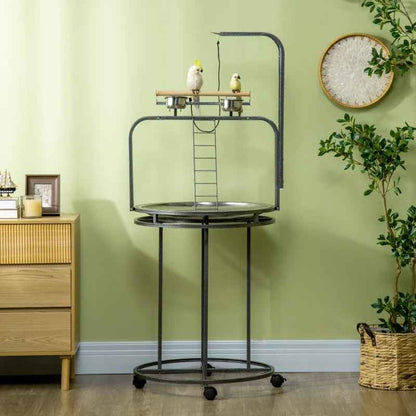 PawHut Parrot Stand Large Bird Perch Stand With Toy Hook  3 Ladders, Parrot Perch, Bird Wooden Stand, Gray