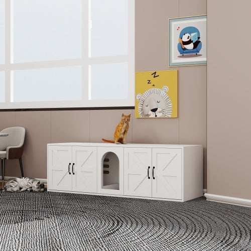 Modern Cat Litter Box Furniture With Double Room, Wooden Cat Litter Box Furniture With Cat Door - Purrfect Pet Haven