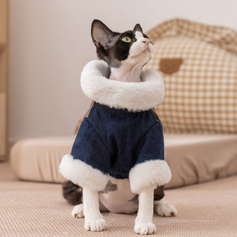 Retro Rebel Jacket - Denim Pet Coat with Fur - Purrfect Pet Haven