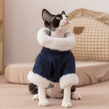 Retro Rebel Jacket - Denim Pet Coat with Fur - Purrfect Pet Haven