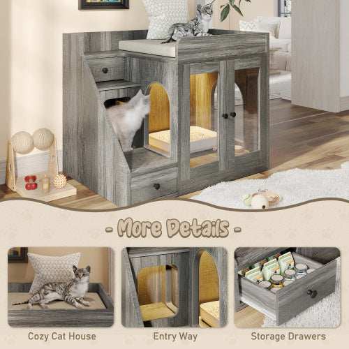 GO Cat Litter Box Enclosure With Light , Hidden Litter Box Furniture With 2 Storage Drawers, Indoor Cat House Side Table For Living Room - Purrfect Pet Haven