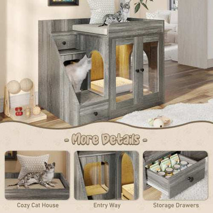 GO Cat Litter Box Enclosure With Light , Hidden Litter Box Furniture With 2 Storage Drawers, Indoor Cat House Side Table For Living Room - Purrfect Pet Haven