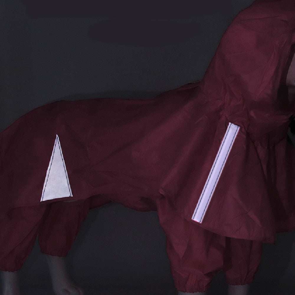 Maroon raincoat with white reflective stripes on a dark background
