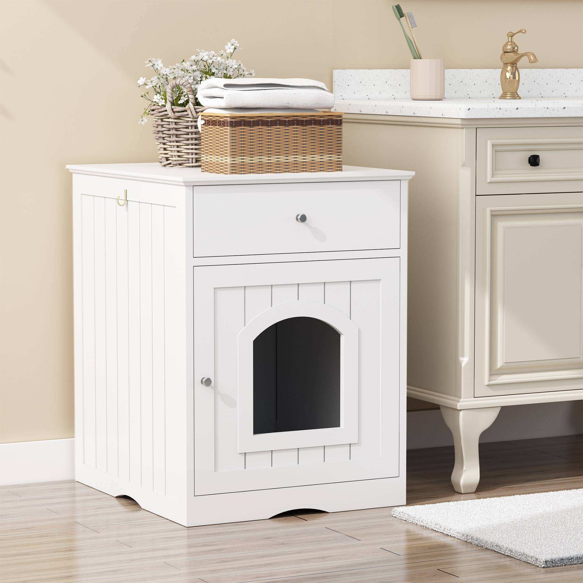 Wooden Pet House Cat Litter Box Enclosure With Drawer Side Table Cat Home Nightstand - Purrfect Pet Haven