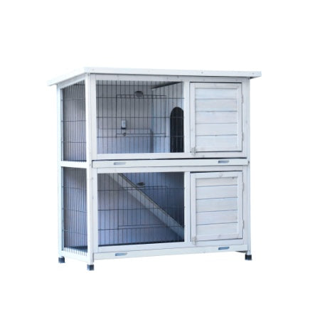2-Story Rabbit Hutch - White with Removable Trays & Run - Purrfect Pet Haven
