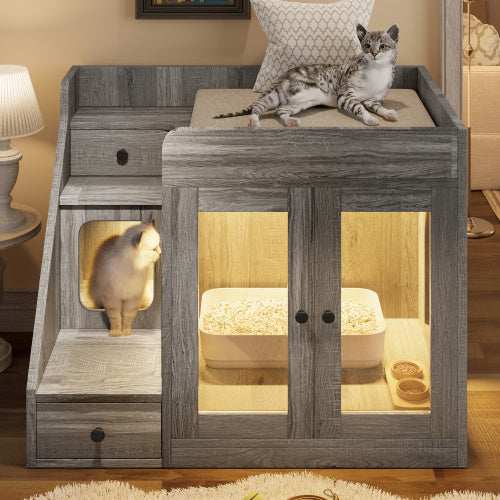 GO Cat Litter Box Enclosure With Light , Hidden Litter Box Furniture With 2 Storage Drawers, Indoor Cat House Side Table For Living Room - Purrfect Pet Haven