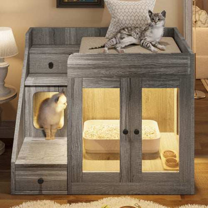 GO Cat Litter Box Enclosure With Light , Hidden Litter Box Furniture With 2 Storage Drawers, Indoor Cat House Side Table For Living Room - Purrfect Pet Haven